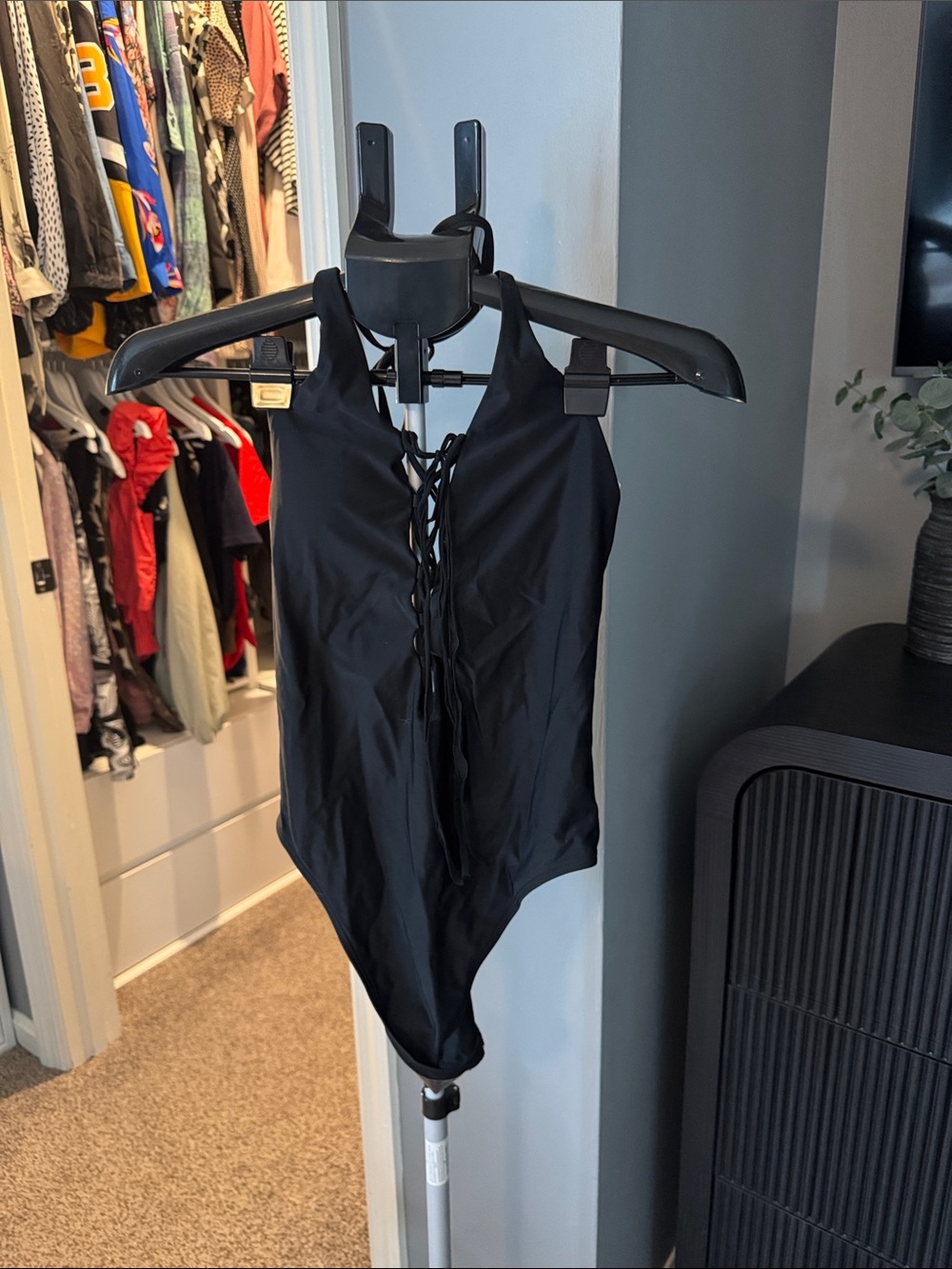 NWT Black Lace-Up One-Piece Swim Suit